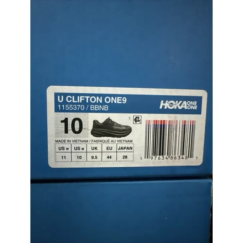New Men's Size 10 Hoka Clifton One 9 Black 1155370-BBNB Running Shoes